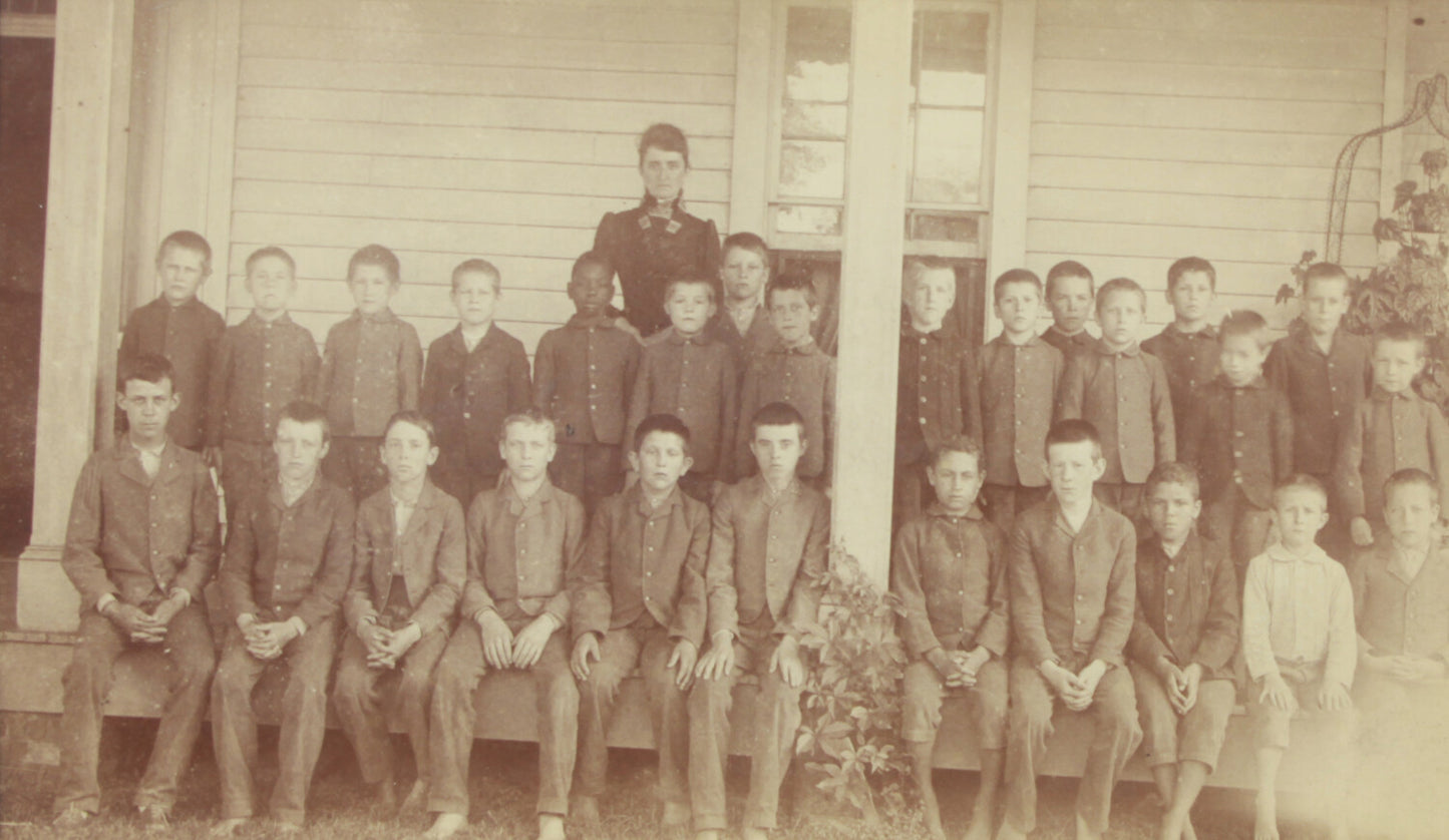 BOYS SCHOOL CLASS PHOTO IN FRONT OF SCHOOL. 8X10 FRAME, ARCHIVAL MATTING.
