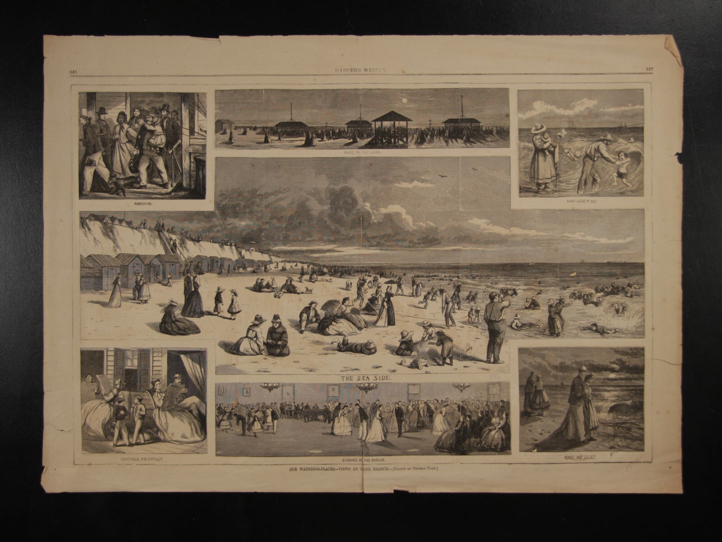 VINTAGE NEWSPRINT HARPERS WEEKLY "OUR VIEWS AT LONG BRANCH" SPREAD AUG 26TH 1865