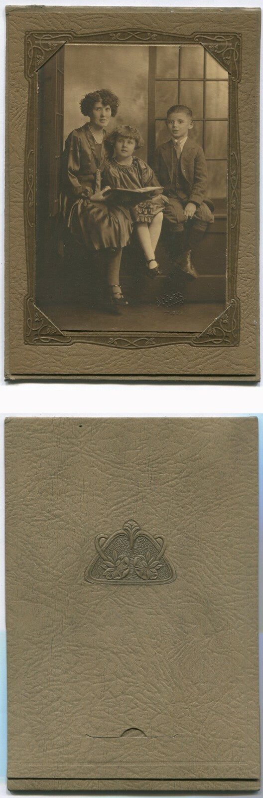 Vintage Original Mother & Son Portrait, Daughter with Open Book - 6x4 in Toned B&W Photo in 7.25x5 Folder