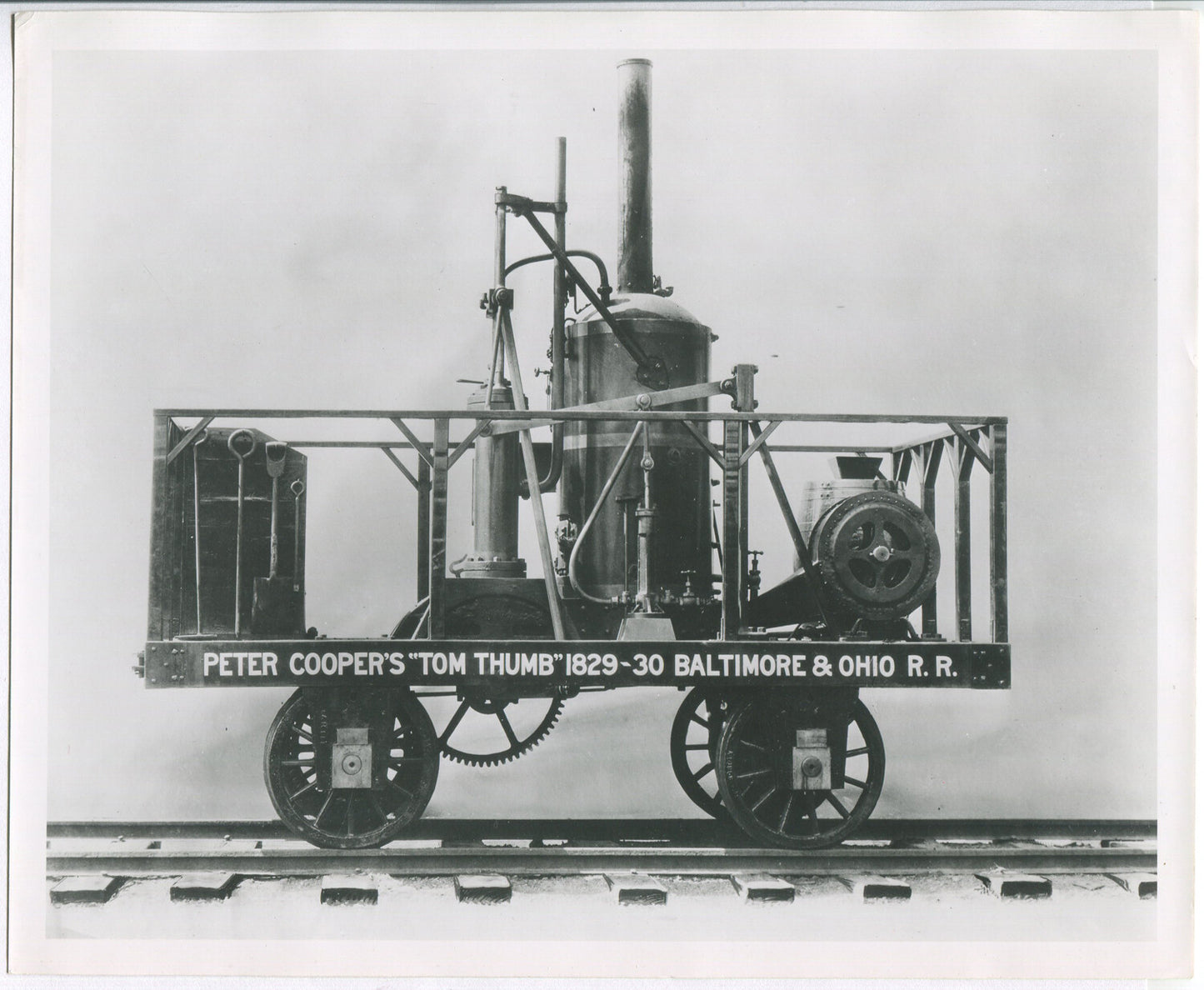 TOM THUMB STEAM ENGINE. BLACK AND WHITE SILVER PRINT 8 X 10.