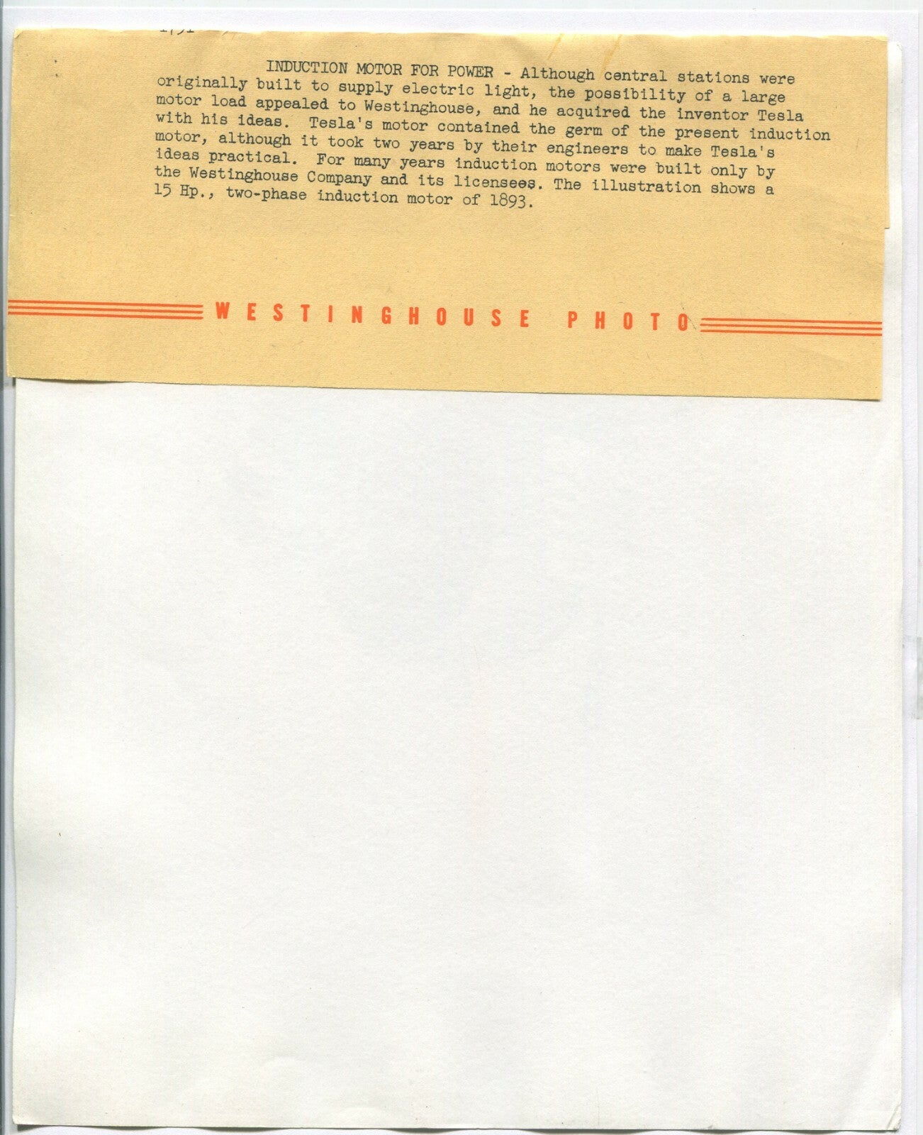 WESTINGHOUSE INDUCTION MOTOR. BLACK AND WHITE SILVER PRINT 8 X 10.