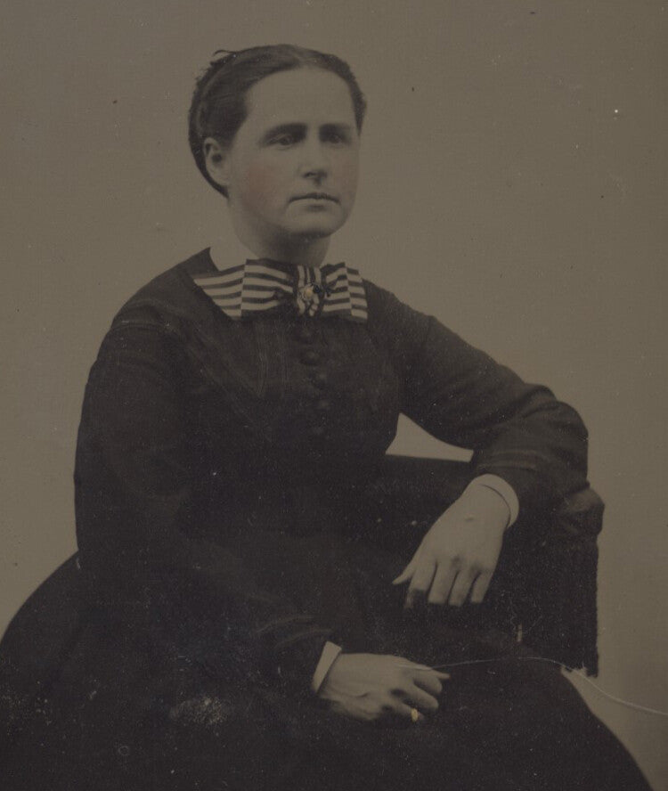 TINTYPE PORTRAIT OF WOMAN IN DRESS W/ LARGE STRIPED RIBBON