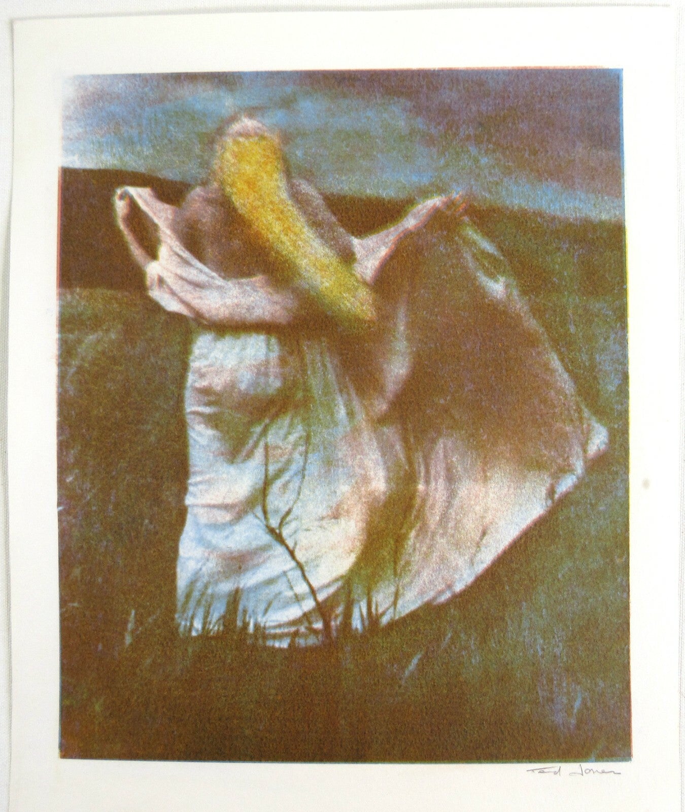 WOMAN IN WIND BY TED JONES. 3 TONE GUM BICHROMATE, 14X11 WATERCOLOR PAPER.