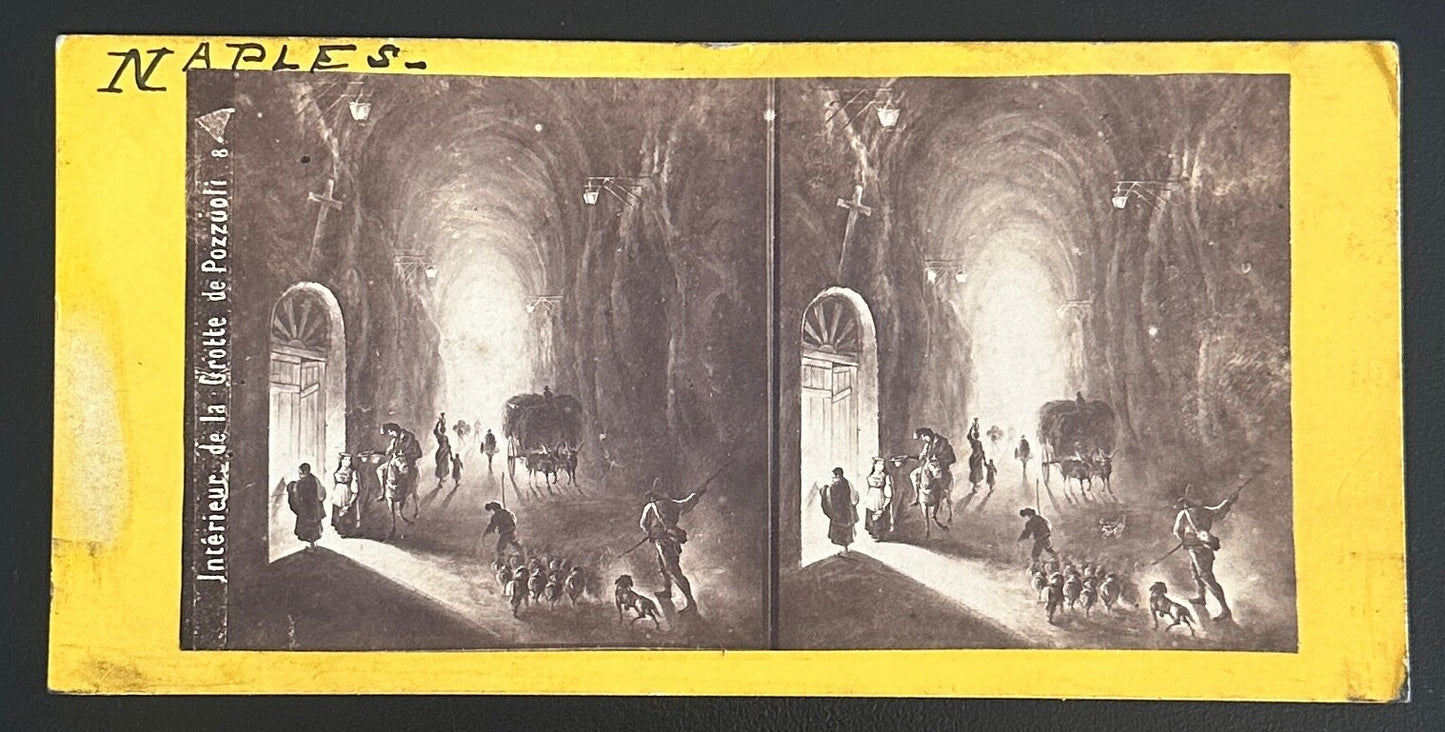 Vintage StereoView Card Interior of Grotto di Pozzuoli Naples Italy 3.5x7in
