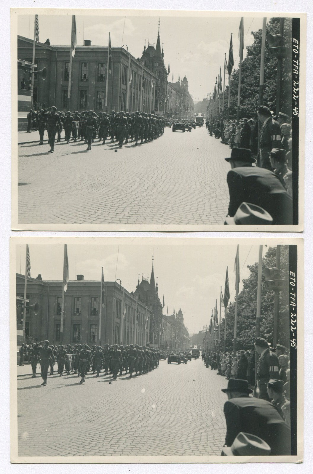WWII. U.S. SOLDIERS PARADE, 1945 EUROPEAN CITY. 2 SET B&W 3.75X5.