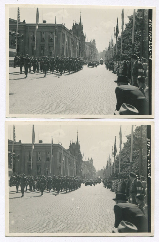 WWII. U.S. SOLDIERS PARADE, 1945 EUROPEAN CITY. 2 SET B&W 3.75X5.
