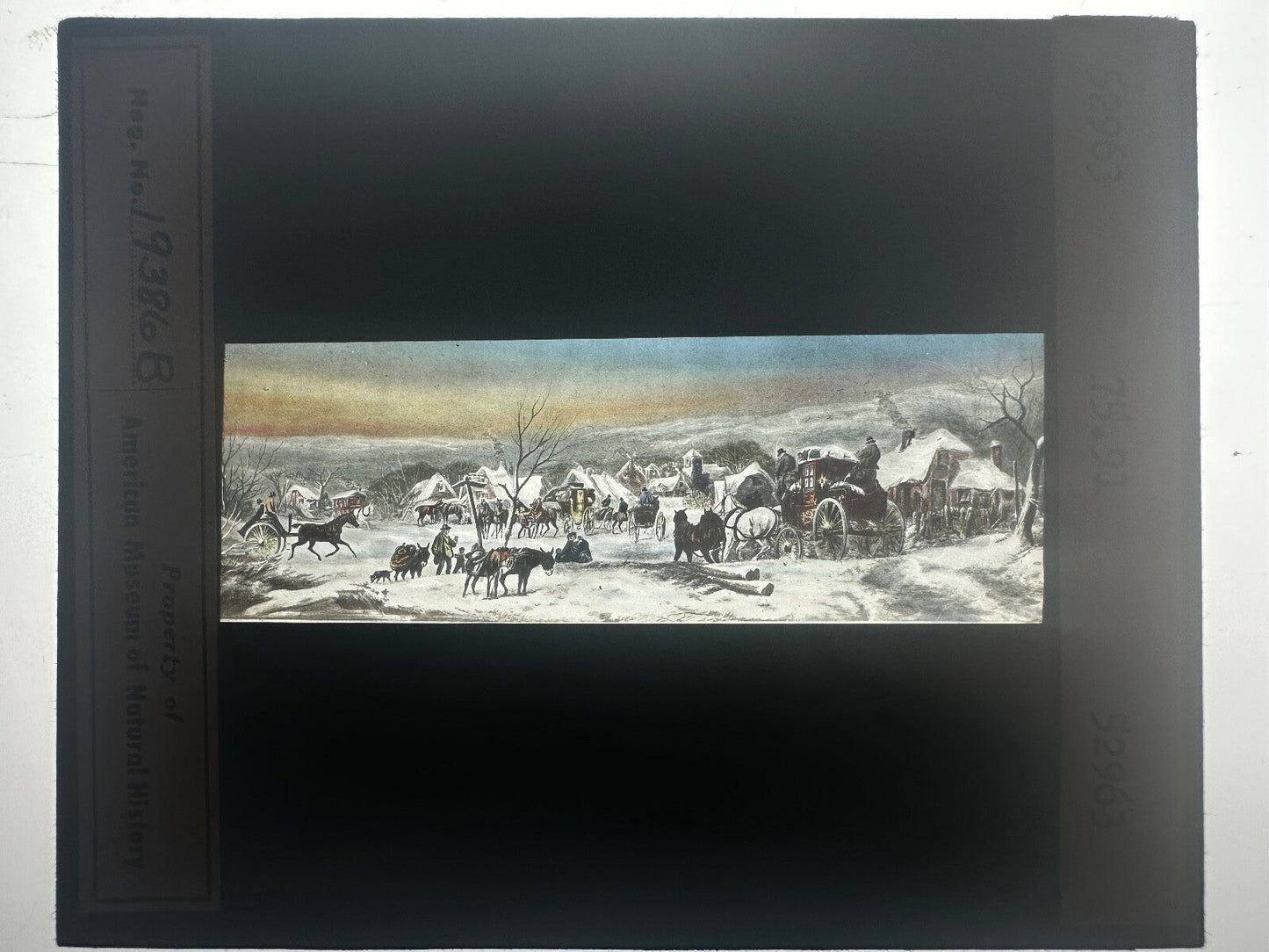 Vintage Hand-Tinted Lantern Slide Photo: Arrival of a Stage Coach in Winter,
