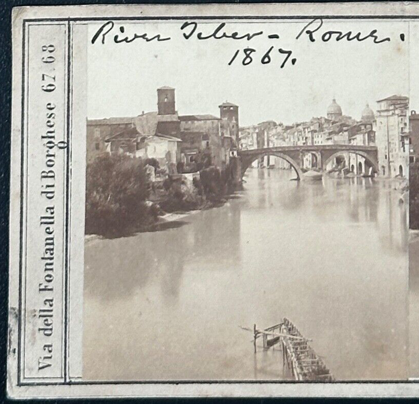 Vintage Stereoview Card River Tiber Rome 1867 3.5x7 in Photo Rare