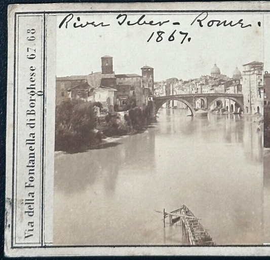 Vintage Stereoview Card River Tiber Rome 1867 3.5x7 in Photo Rare