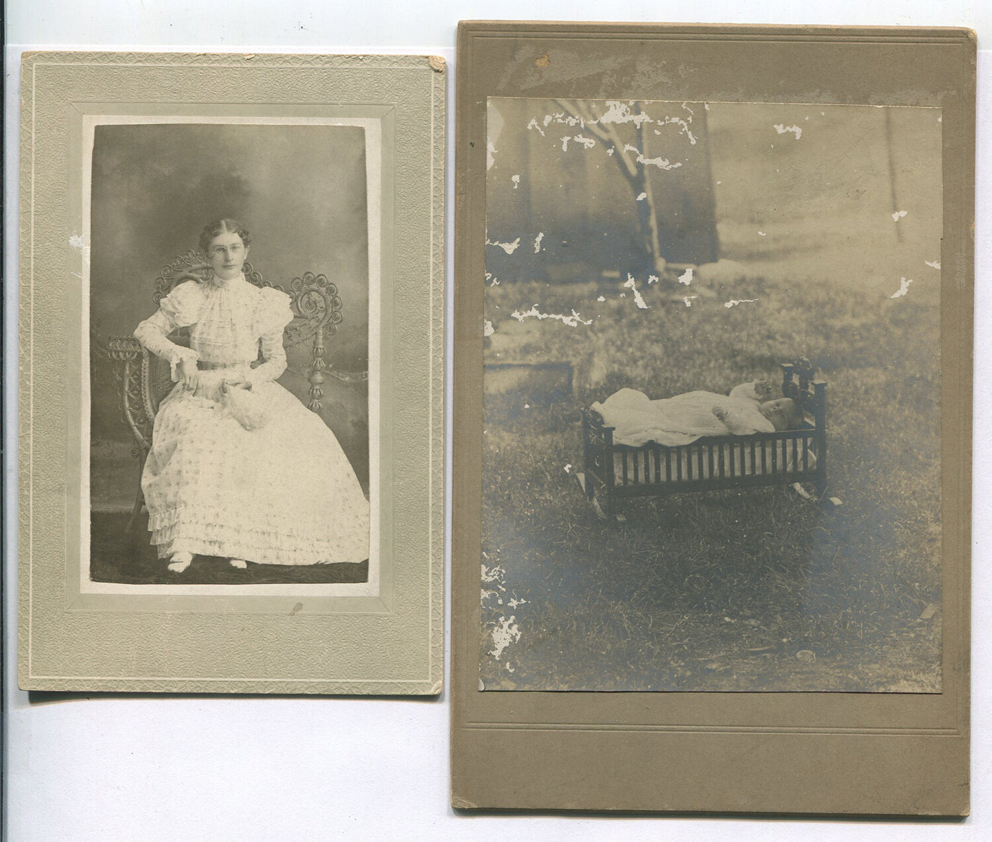 BABY IN CRIB IN GARDEN, WOMAN IN EYEGLASSES. 2 SET CABINET CARD.