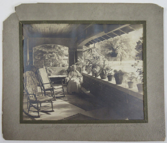 WOMAN IN ROCKER ON BEAUTIFUL SHADY PORCH. 8X10 SILVER PRINT,1920s.