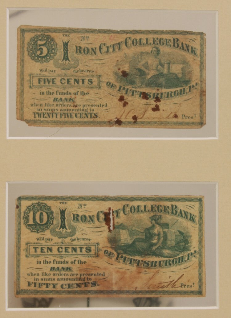 VINTAGE CURRENCY, PITTSBURGH PA IRON CITY COLLEGE BANK, 5 AND 10 CENTS - FRAMED