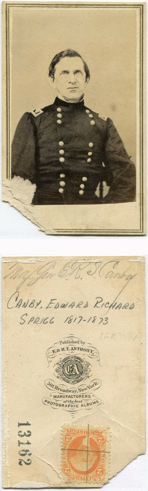 CIVIL WAR MAJOR GENERAL EDWARD CANBY. CDV BY ANTHONY/TAX STAMP. CDV