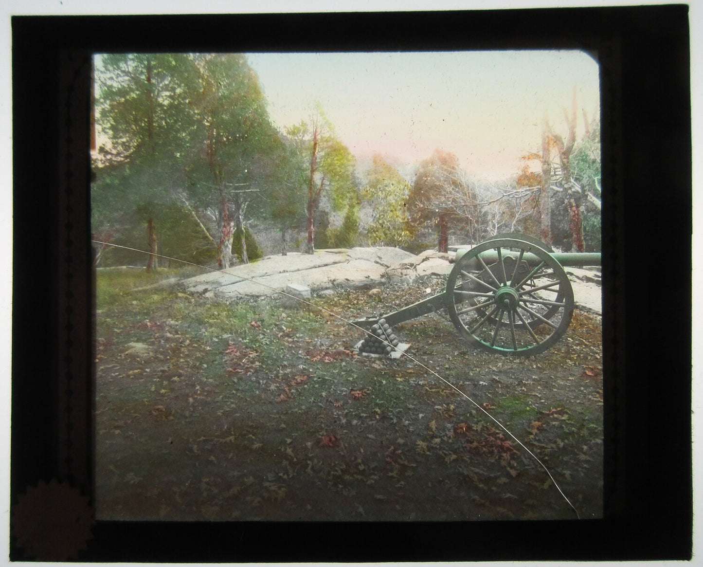 CANNON AT GETTYSBURG, PA. HAND COLORED PHOTO ON GLASS.