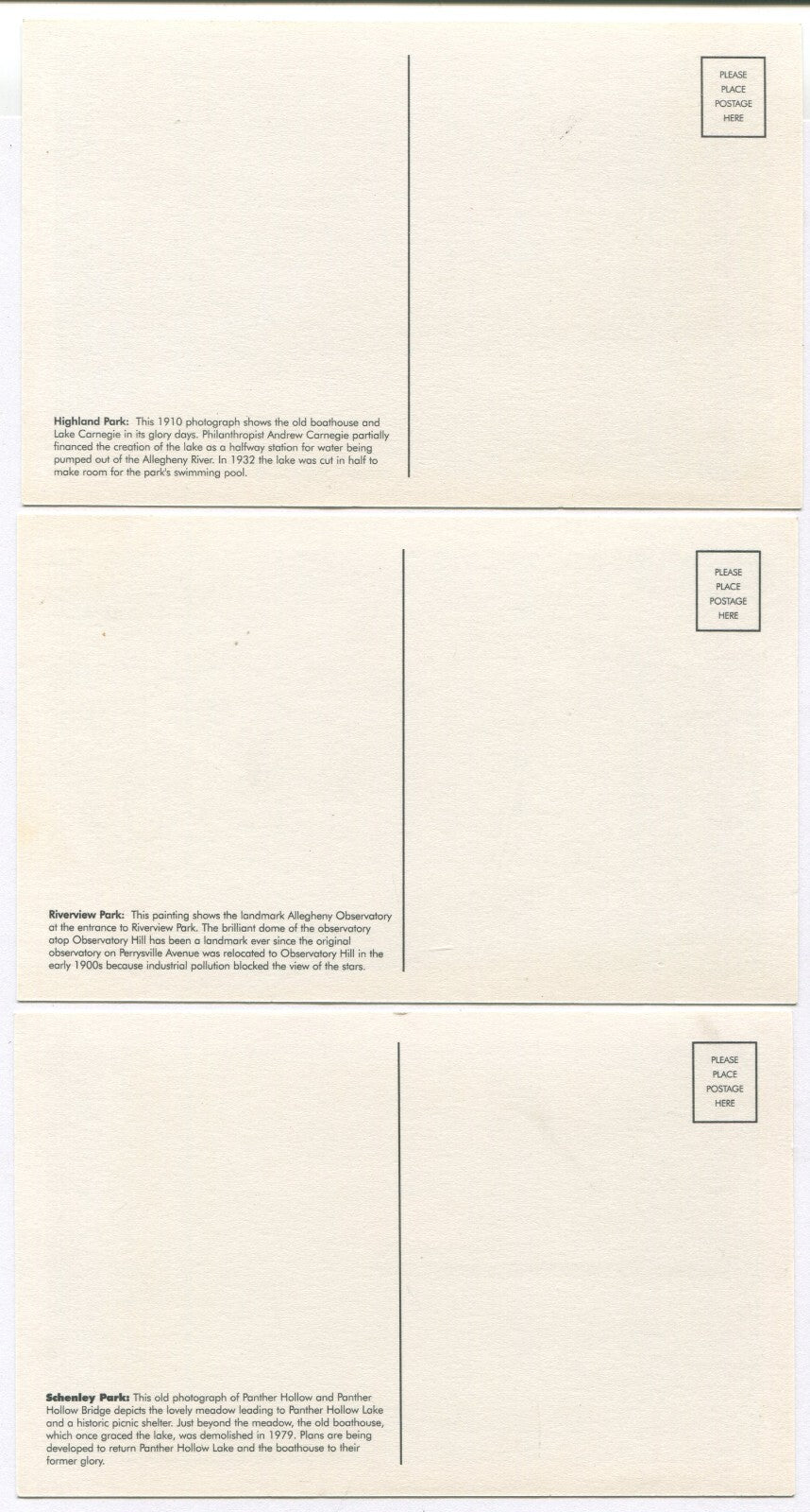 PITTSBURGH CITY PARK POSTCARDS. 4 SET. LITHOGRAPHS.