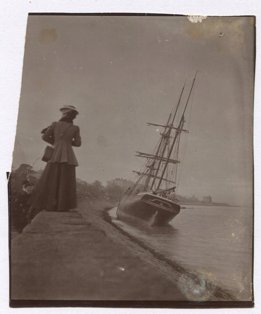 WOMAN WALKING TOWARD TALL SHIP. 1900. 4.75X3.75. I
