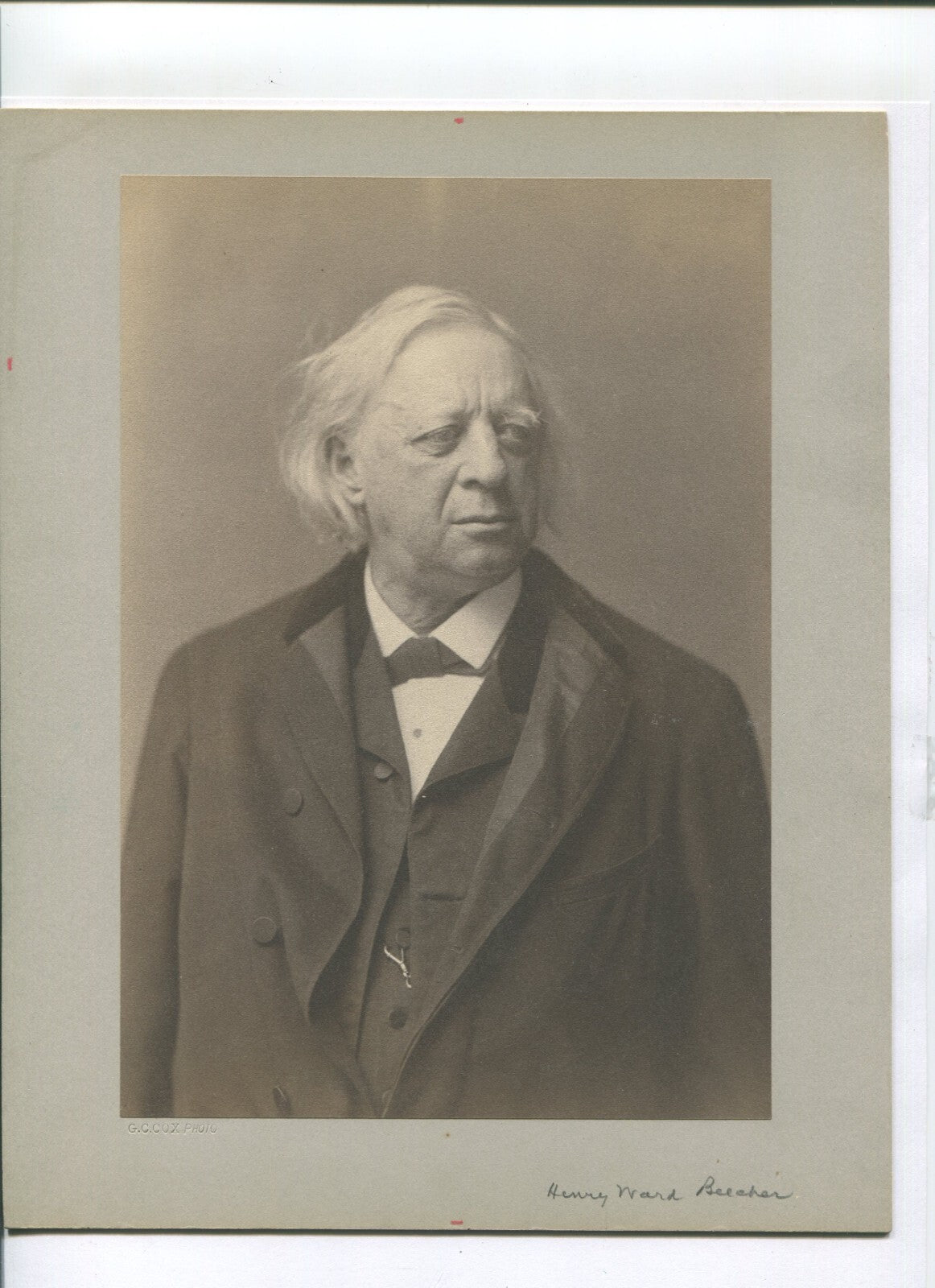 HENRY WARD BEECHER, PLATINUM PRINT PORTRAIT BY C.G.COX. 8.5X6 ON 10.25X8 BOARD.