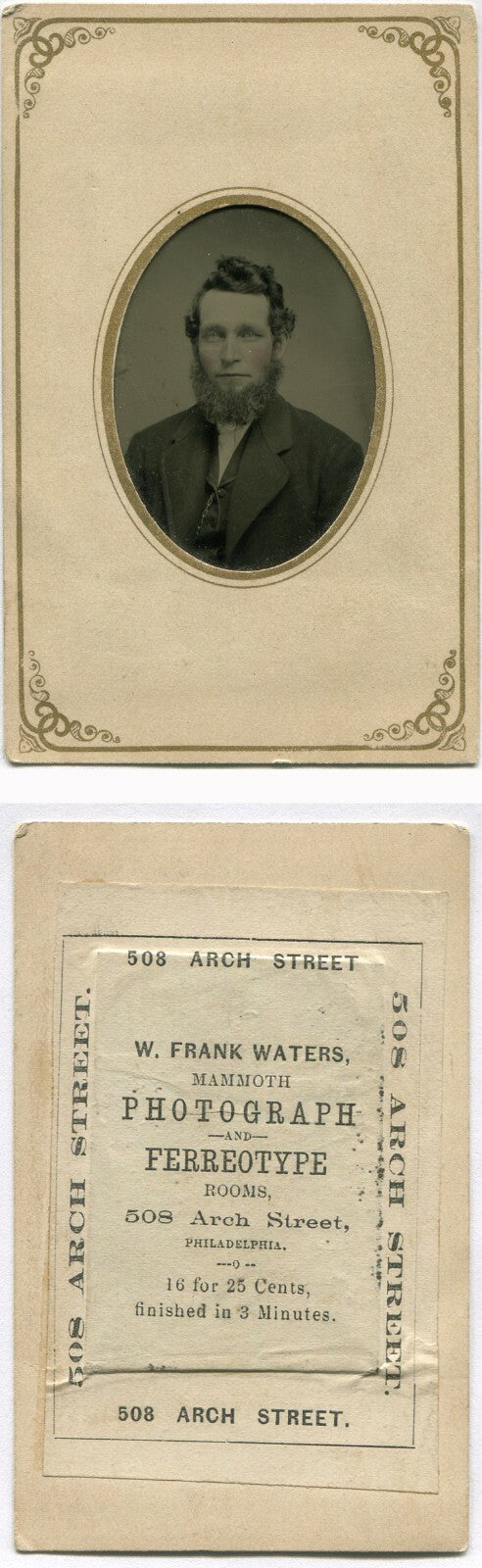 SAD EYED MAN, FUZZY BEARD. TINTED TINTYPE, PERIOD PAPER MAT. PHILADELPHIA, PA.