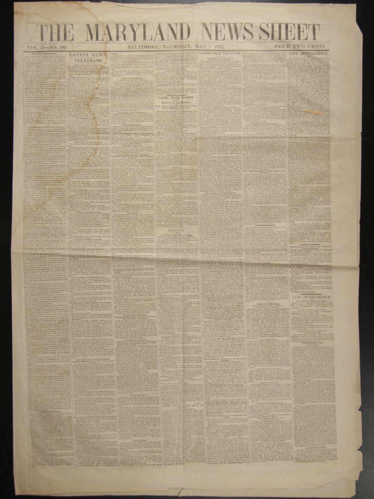 VINTAGE NEWSPAPER: THE MARYLAND NEWS SHEET  BALTIMORE THURSDAY MAY 1ST 1862