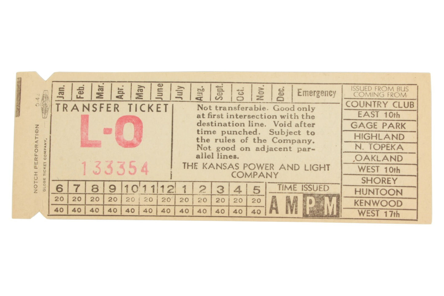 Kansas Power & Light Bus Transfer Ticket Unpunched