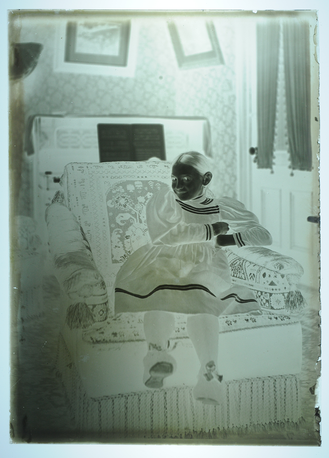 1920s 5x7 Glass Plate Negative Young Girl Portrait on Ornate Chair Antique