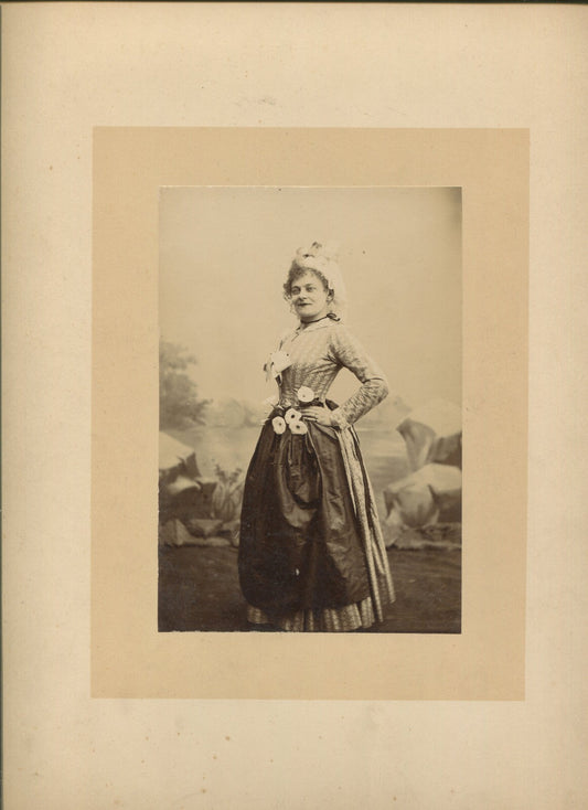 ACTRESS POSED IN COUNTRY DRESS. 6.5X4.5 ALBUMEN ON 12X9.5 CARD.