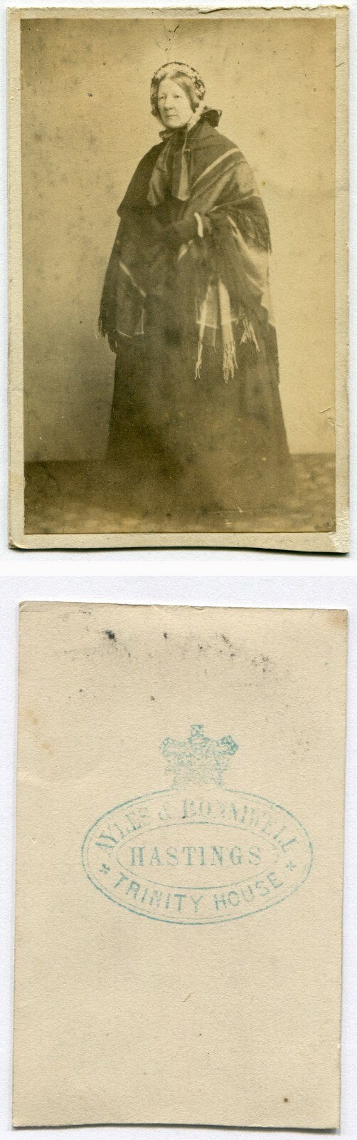 OLDER WOMAN FLOWER BONNET, HEAVY SHAW/COAT. CDV. HASTINGS ENGLAND.