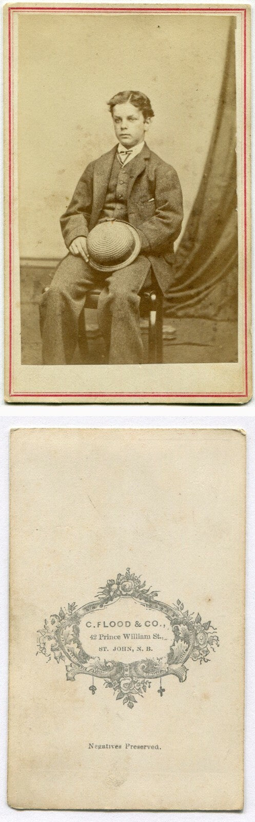 YOUNG MAN IN CRISP NEW SUIT, HOLDING STRAW HAT.  CDV. ST. JOHN, NEW BRUNSWICK,CA