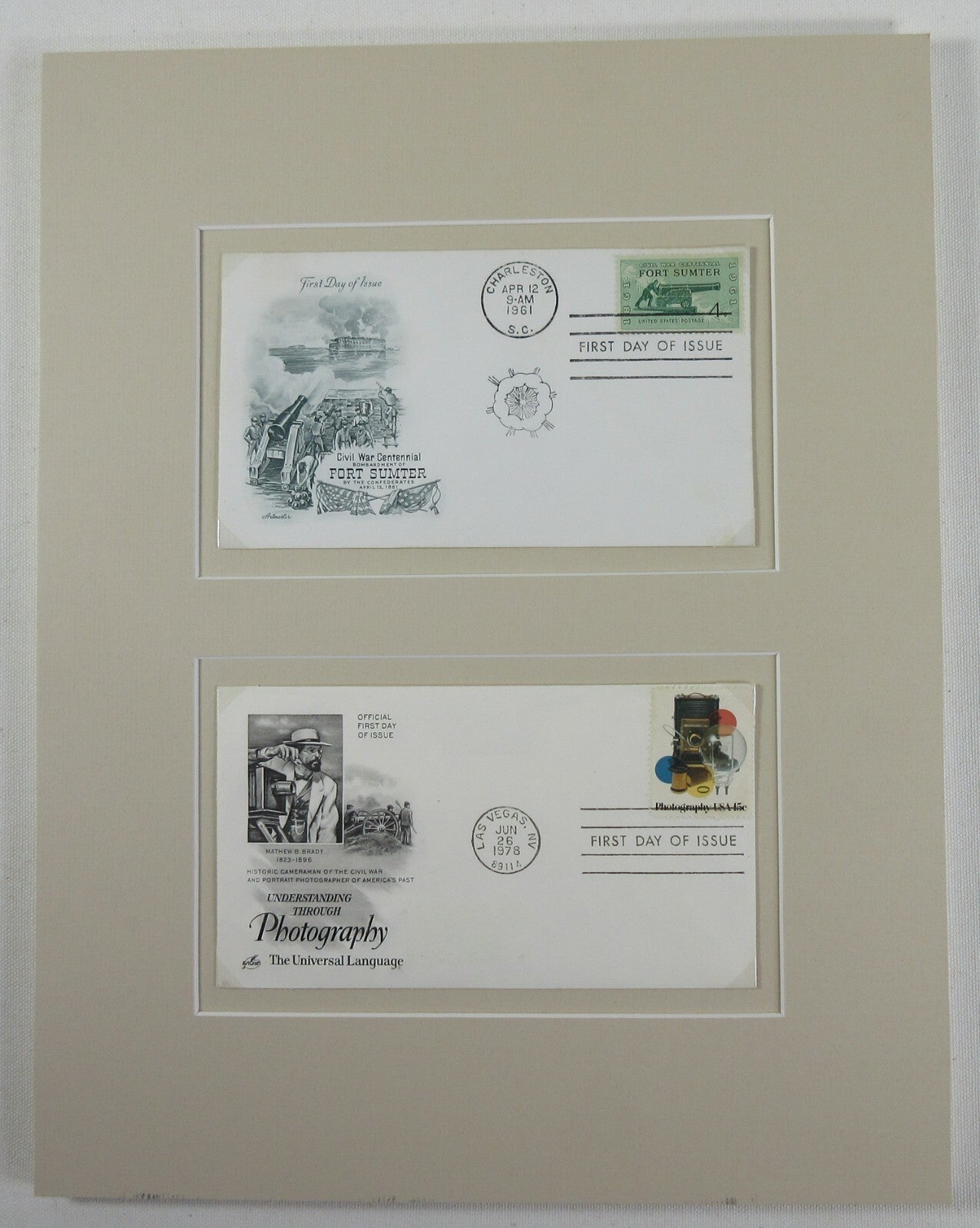Vintage Fort Sumter First Day USPS stamps photography print in 11x14 archival mat – wall art for stamp collectors