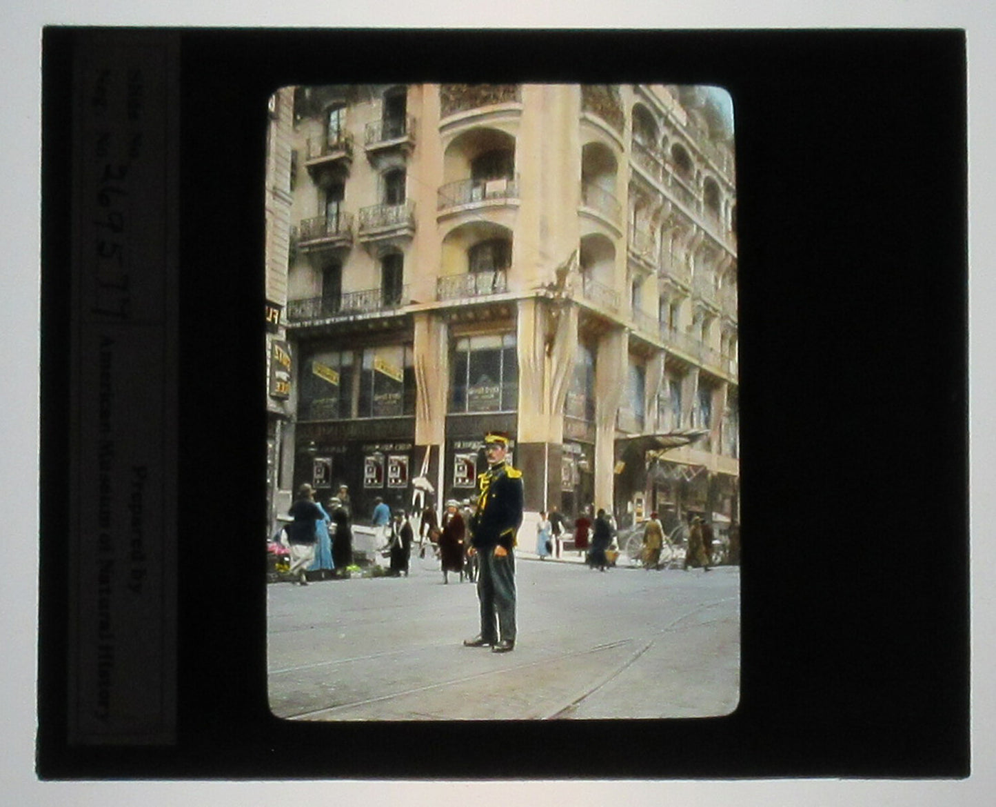 TRAFFIC COP, GENEVA, SWITZERLAND. HAND COLORED PHOTO ON GLASS.