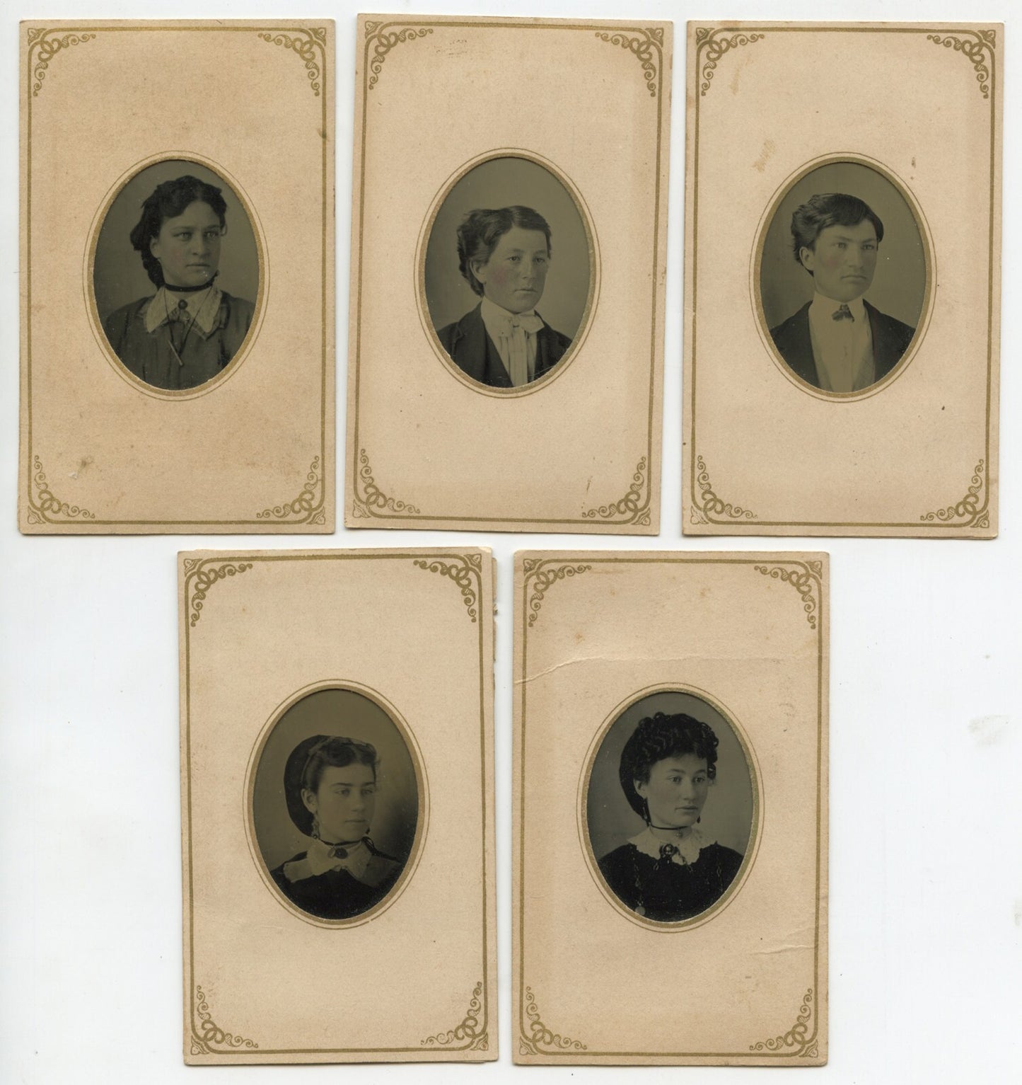 LADIES IN OVAL MATS, 1/9 PLATE TINTYPES, SET OF 5