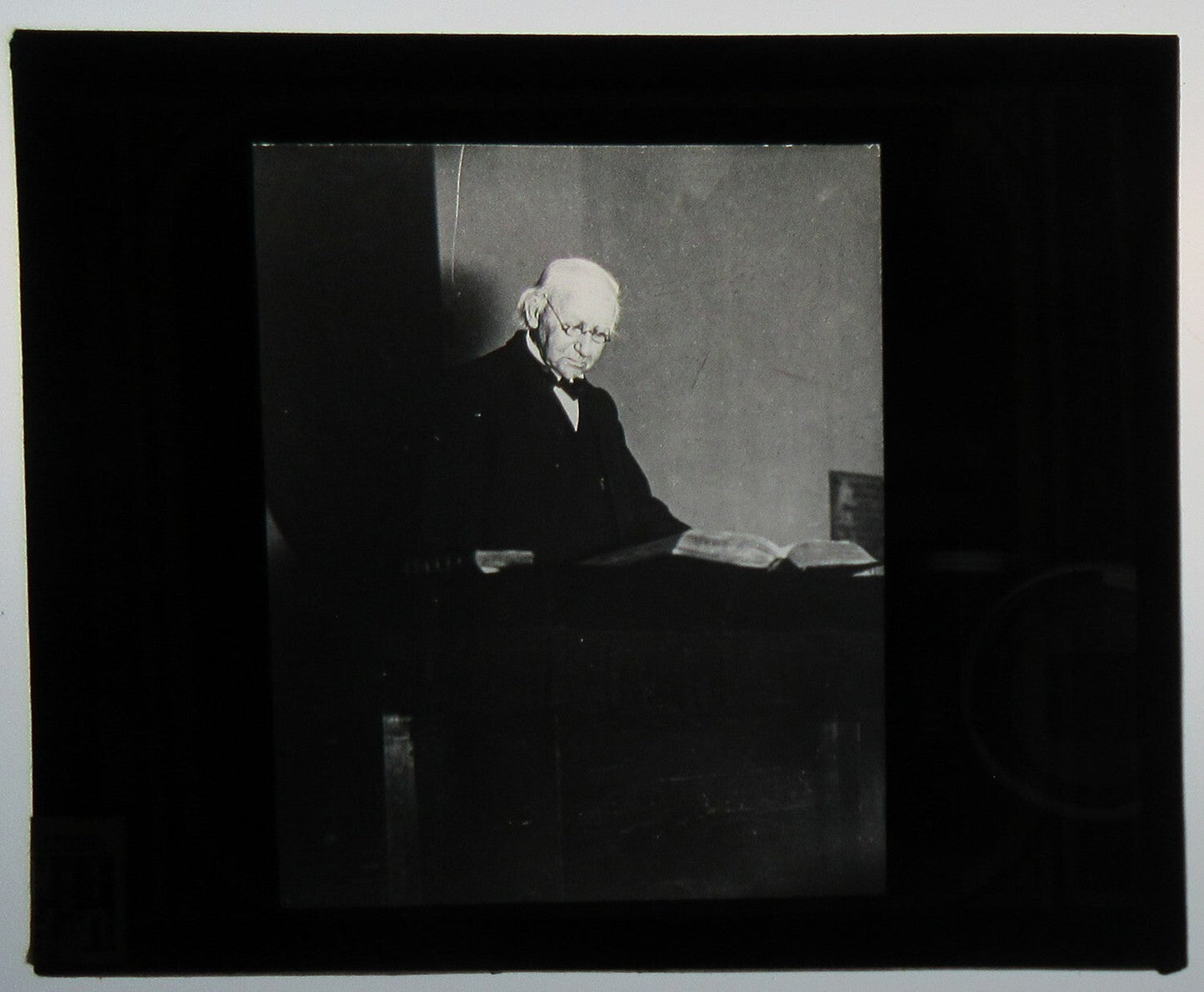 Vintage Lantern Slide: Older Man in Glasses Reading Photo on Glass, Original