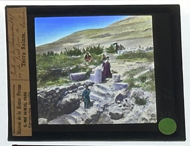 Vintage lantern slide Terre Sainte 3.25x4 in glass photo, Jacob & Samaritans - collectible wall art
