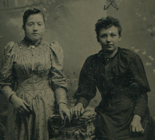 TWO WOMEN, STANDING POSE. ORNATE PAINTED BACKGROUND. TINTYPE.