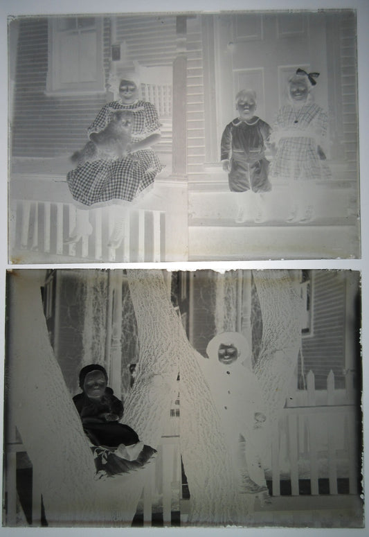 Vintage 5x7 Glass Negative: Children in Tree with Dog on Porch, Rare 2-Set