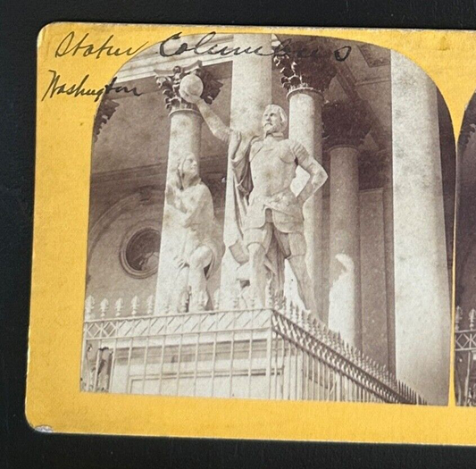 Vintage StereoView Card: ���Statue of Columbus with Indigenous Woman ��� 3.5x7in
