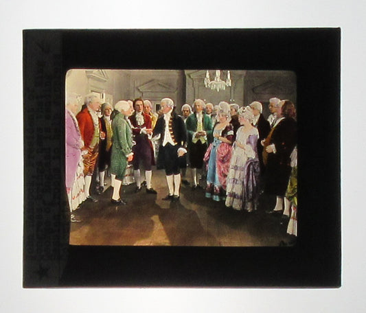 ACTORS PORTRAY JOHN HANCOCK AND POLITICAL FIGURES. PHOTO ON GLASS. HAND COLORED.