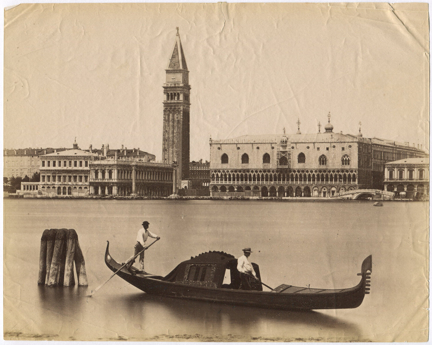 Vintage Venice Men Rowing Gondola Boat Albumen Photo - 8x10 Unmounted Print,
