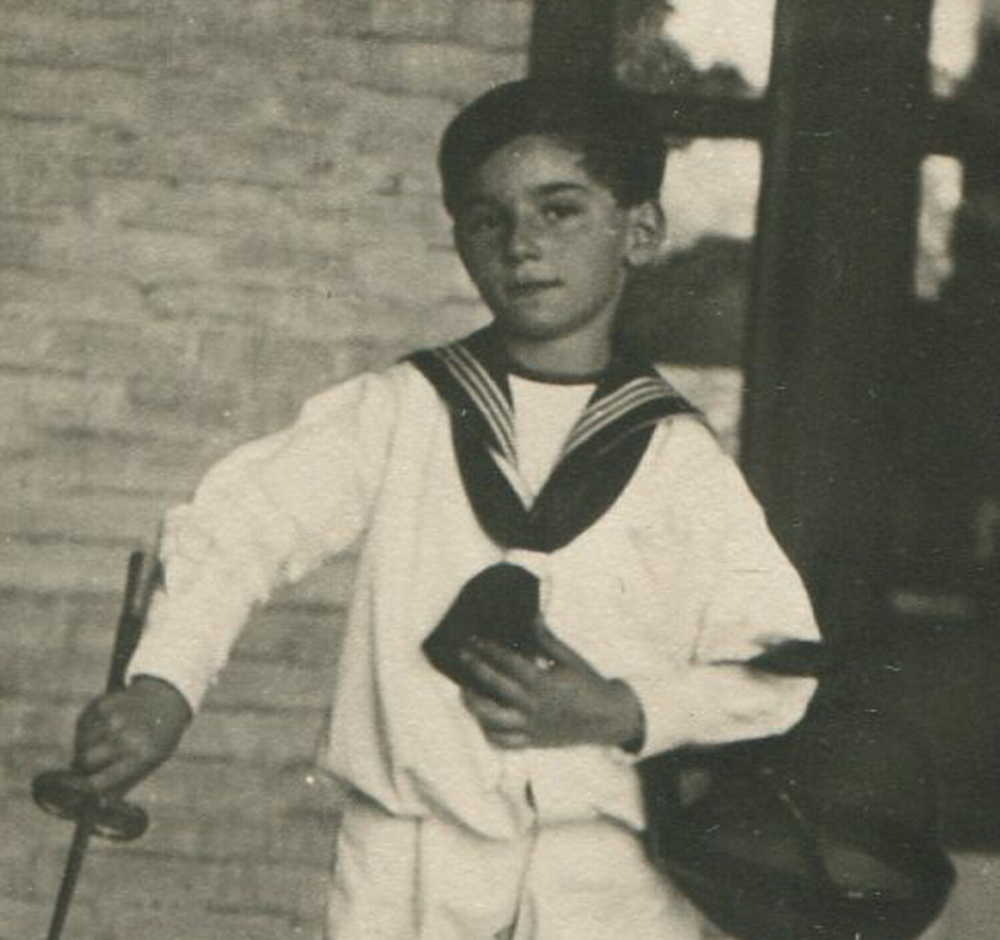 BOY W/FENCING GEAR, IN SAILOR SUIT. B&W 4.25X3.25.