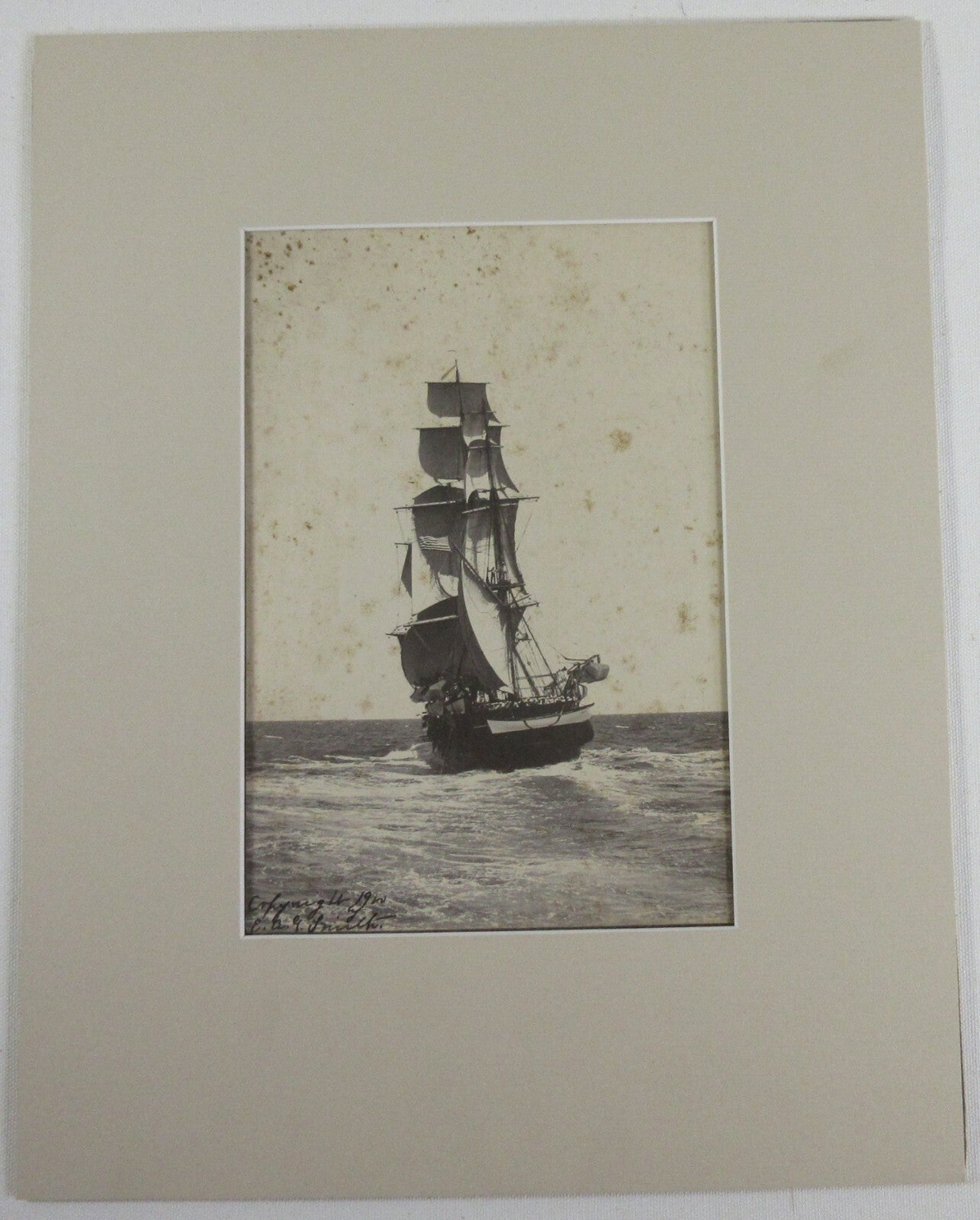 TALL SHIP, FULL SAIL BY E.A. SMITH. 9X6.5 PHOTO IN 14X11 ARCHIVAL MAT.