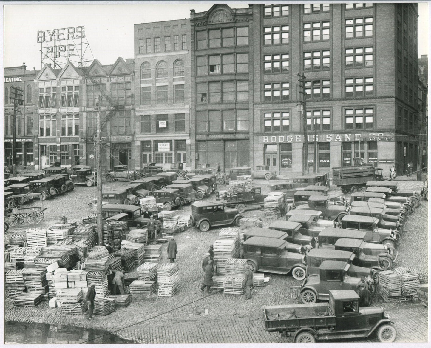 PITTSBURGH, PA. MONONGAHELA RIVER PARKING/BUSINESS. 8X10 FROM 1920-30 GLASS NEG.