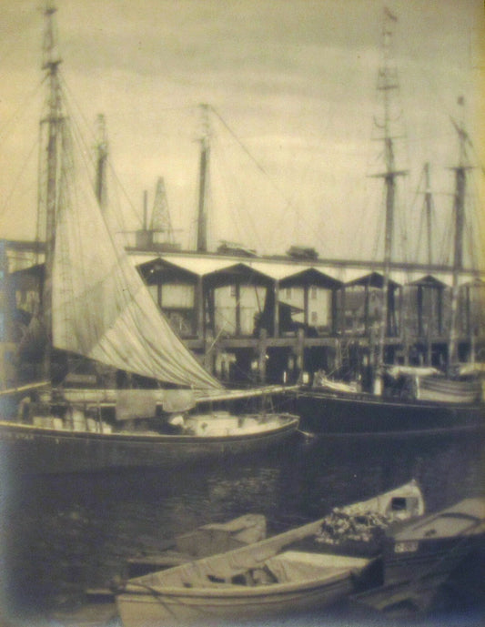 BOATS IN HARBOR. PICTORIALIST SILVER PRINT IN 11X14 INCH ARCHIVAL MAT.