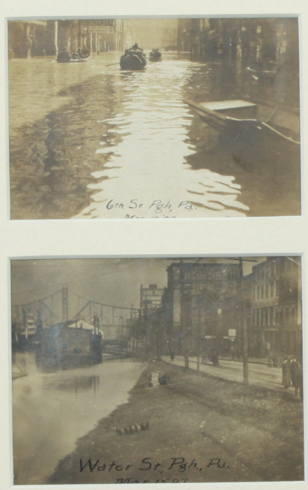 PITTSBURGH FLOOD 1936. 2 B&W PHOTOS, MATTED IN 8X10 FRAME. ARCHIVAL MATTING.