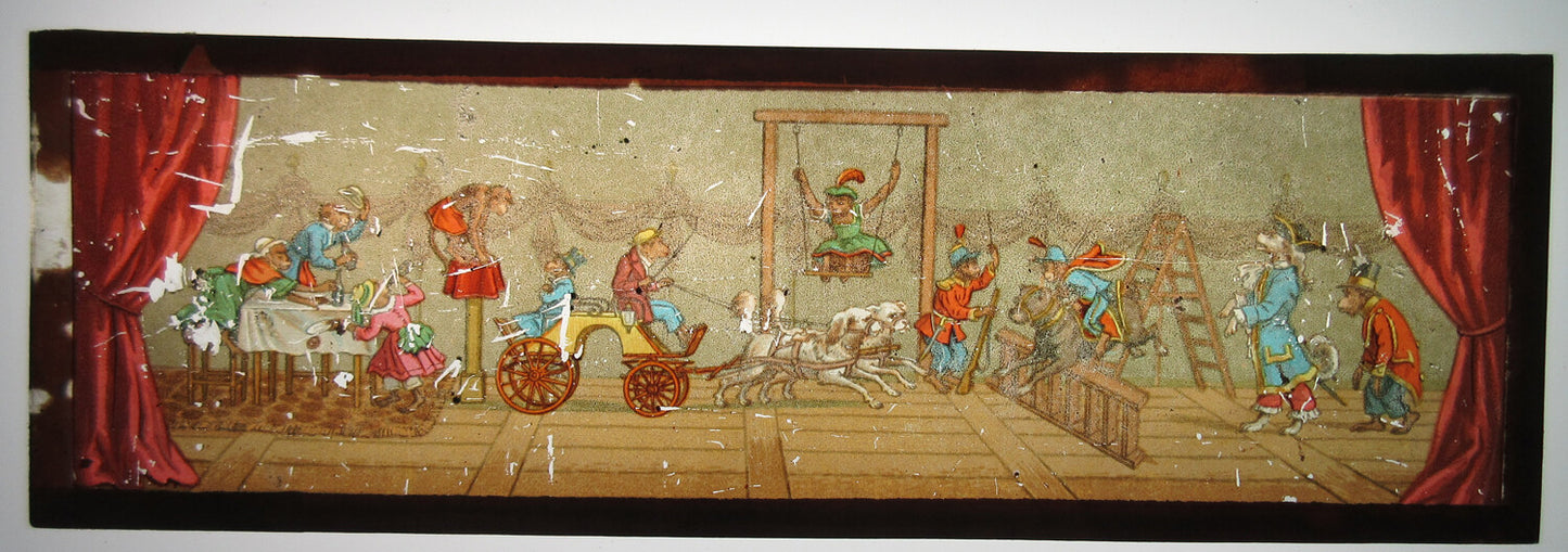 ANIMALS IN COSTUME, COMIC PERFORMANCE. HAND COLORED MAGIC LANTERN SLIDE. 3X9.5 I