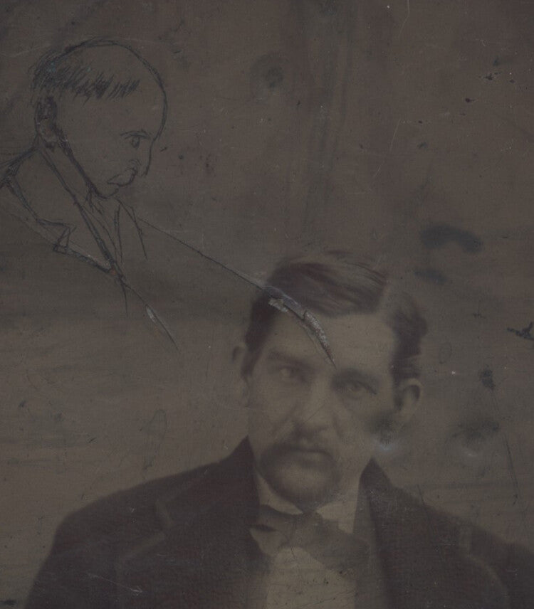 UNUSUAL PORTRAIT OF MAN W/ STRANGE SPIRIT SKETCH ABOVE HIM