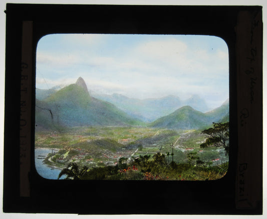 VIEW OF RIO, BRAZIL. HAND COLORED PHOTO ON GLASS. NO COVER GLASS.