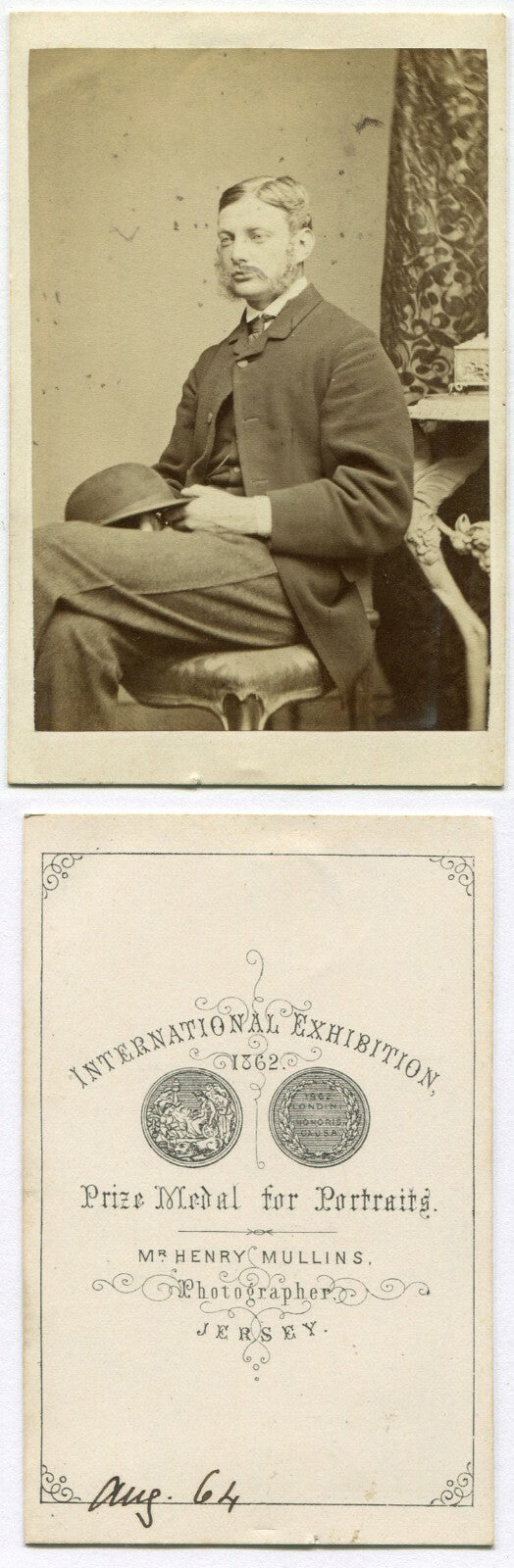 MAN W/MUTTON CHOPS, SEATED POSE HOLDING BOWLER HAT. CDV. JERSEY, U.K.