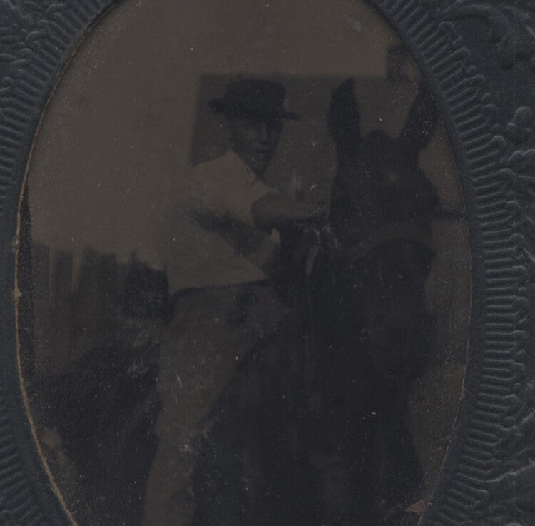 TINTYPE PORTRAIT OF YOUNG MAN IN HAT RIDING HORSE