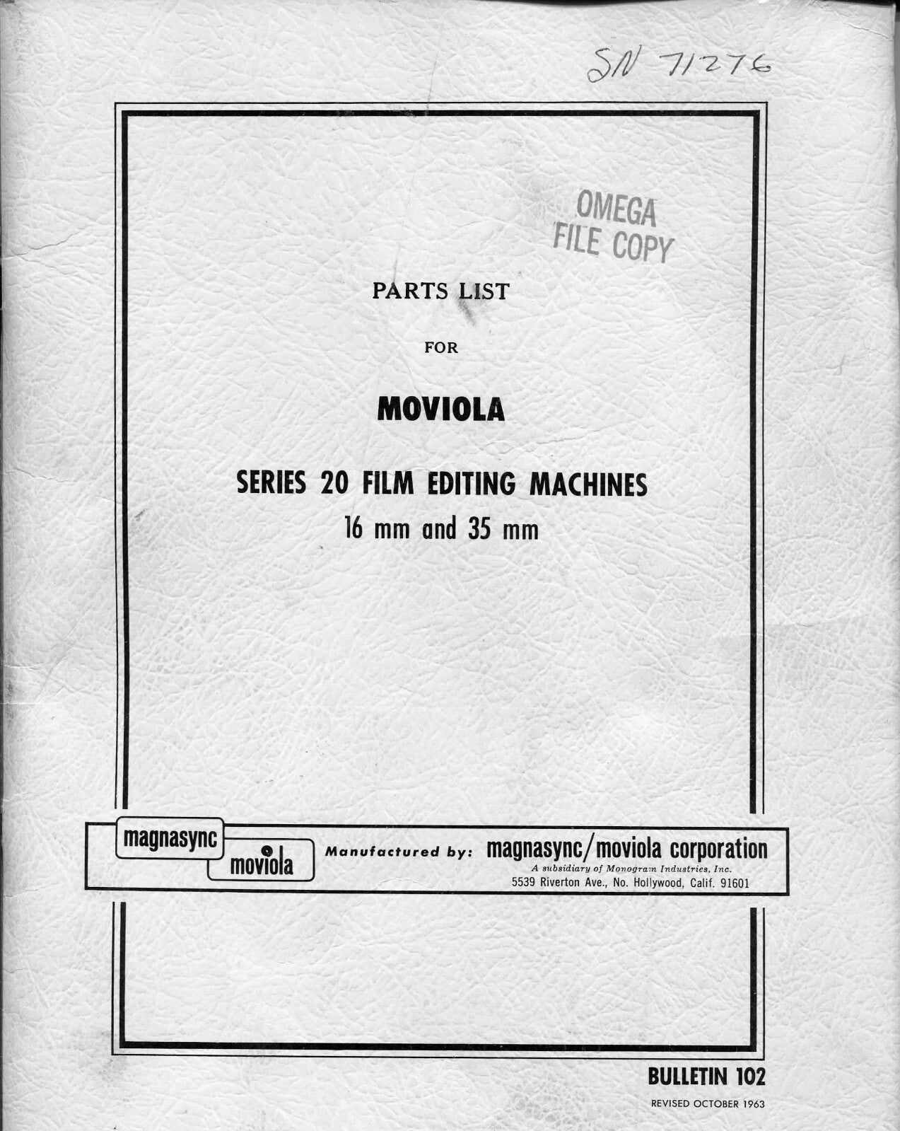 MOVIOLA FILM EDITING MACHINE MANUAL & PARTS LIST  ((XEROX COPY ONLY ))
