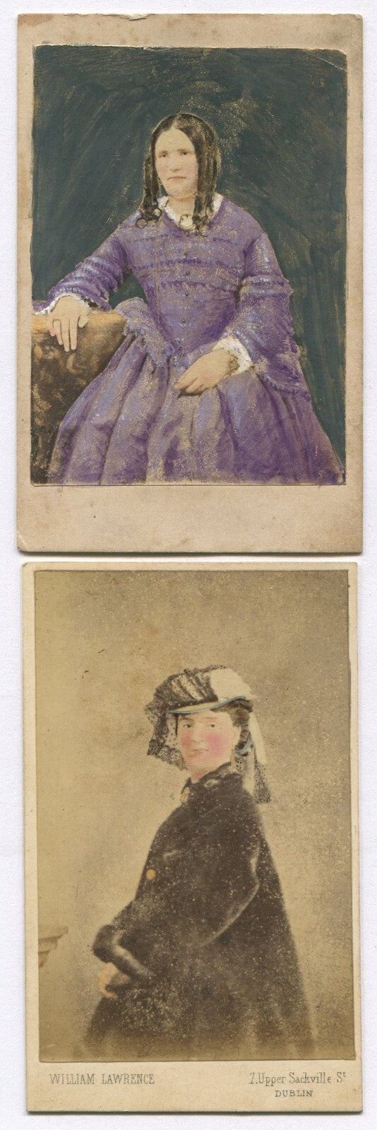 WOMAN WITH LONG RINGLET CURLS/HAT. RICHLY TINTED CDV 2 SET. DUBLIN, IRELAND.